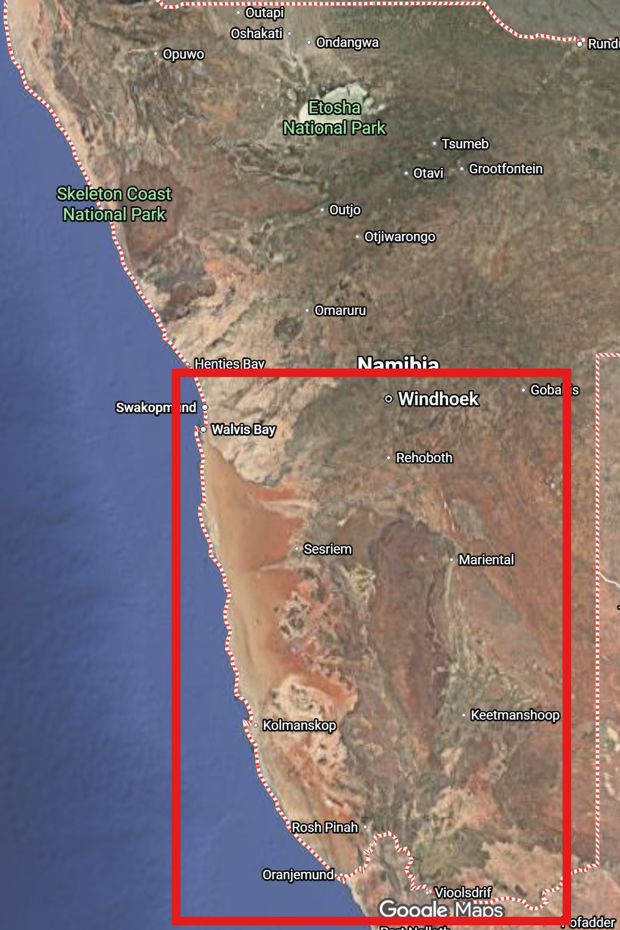 Map of southern Namibia showing the Namibia expedition survey areas